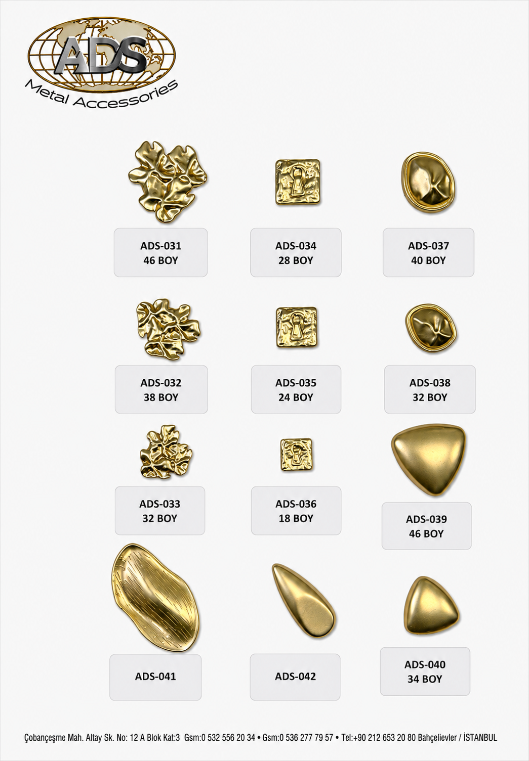 Sanatsal Metal Düğme · Mercan, Kilit ve Damla · 18–46 Boy